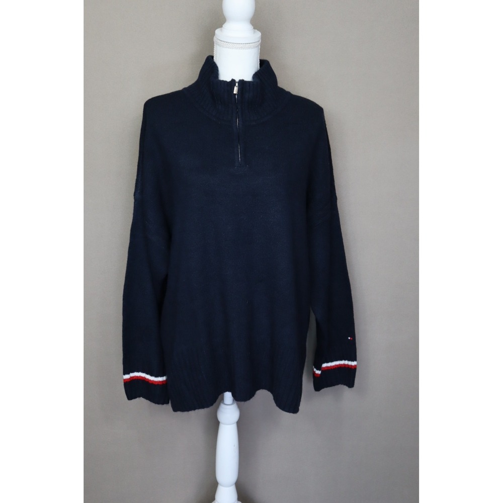 Tommy Hilfiger Womens Navy Stretch Ribbed Mock Zip Neck Long Sleeve Sweater XXL‎